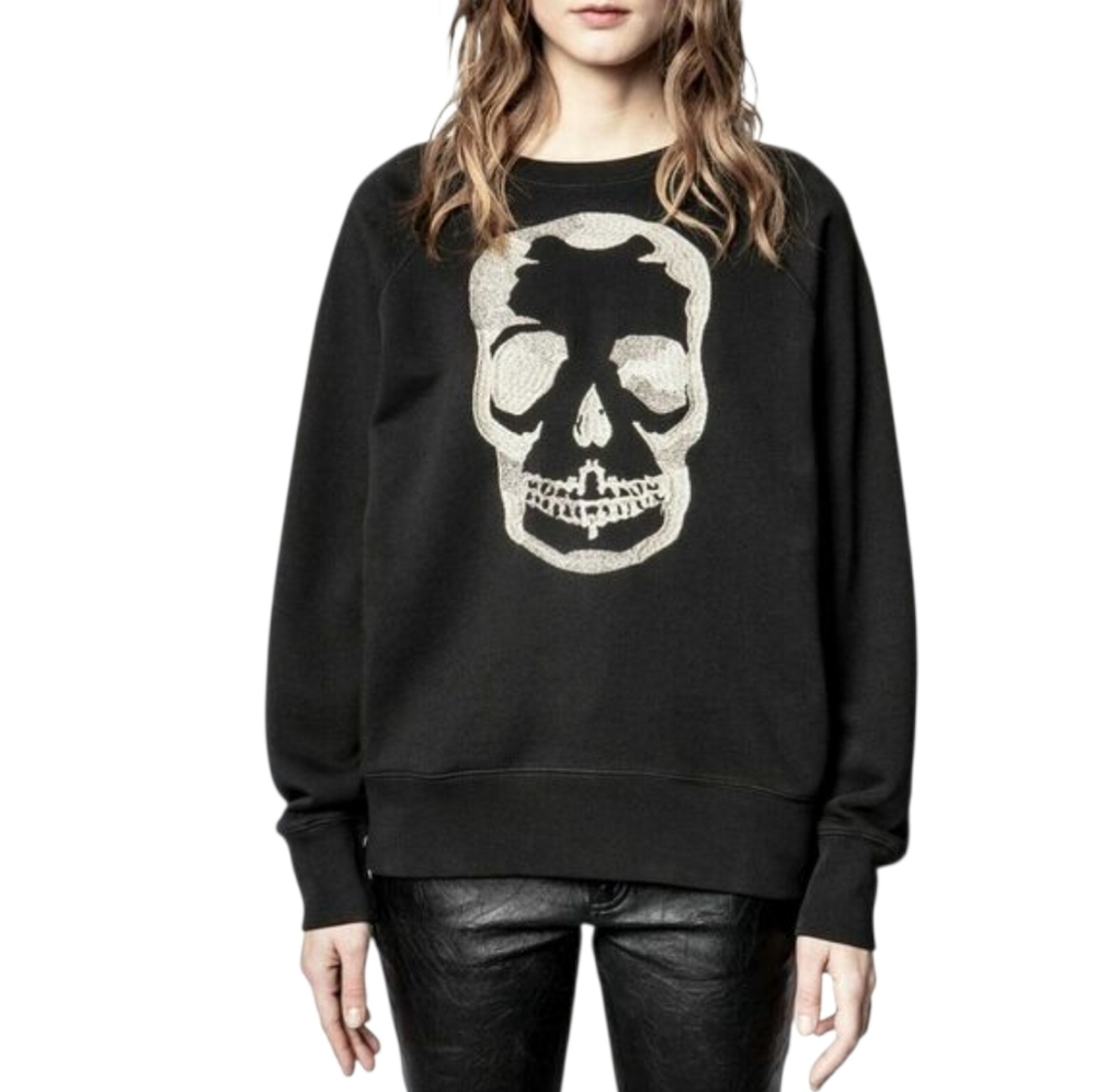 Zadig & Voltaire Baddie Goth Black Oversized Sweatshirt w Gold Metallic Skull XS